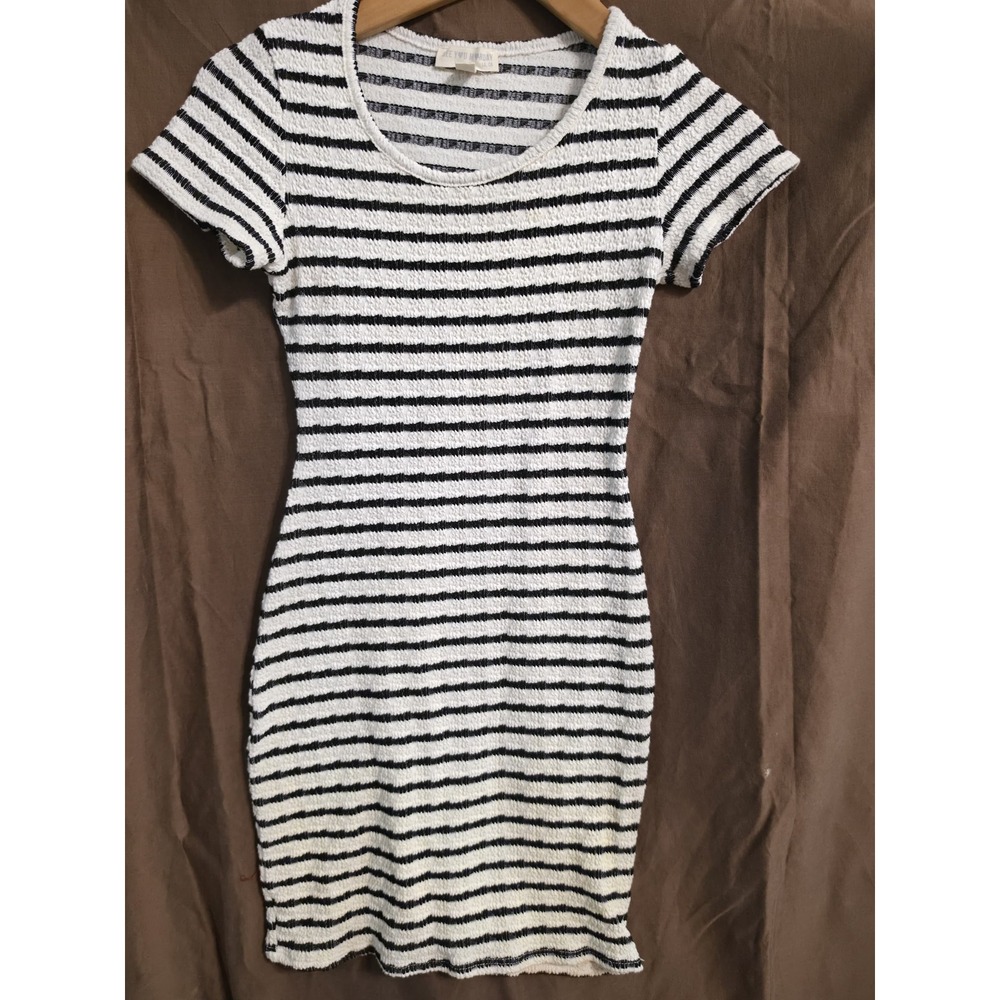 See You Monday Black White Striped Bodycon Mini Dress Short Sleeve Textured S